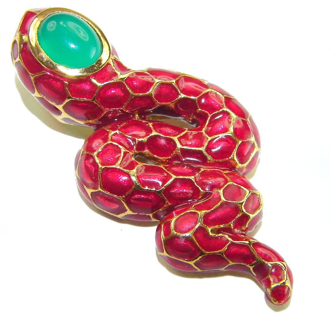 Red Snake Ruby Enamel Pendant 14K Gold Over 925 Sterling Silver Animal ...