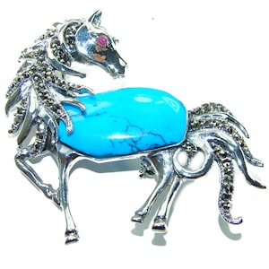 Turquoise Horse Pendant Brooch 925 Sterling Silver Handcrafted Blue Gemstone Unique Gift for Women Southwest Jewelry