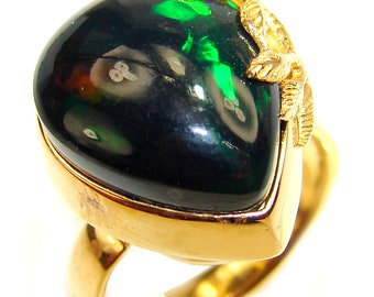 Vintage Design 14.5ctw Genuine  Black  Opal 14K Gold over  .925 Sterling Silver handmade Ring size 7