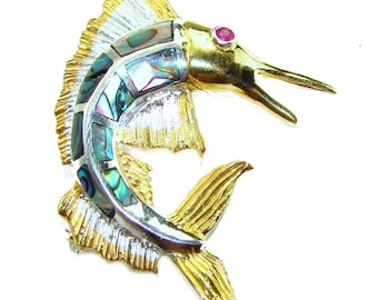 Broche à pendentif poisson ormeau arc-en-ciel en or 14 carats sur argent sterling, bijoux bleus uniques faits main