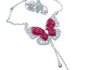 Collier papillon rouge en rubis 14,5 carats fait main en argent sterling 925, bijoux tendance, cadeau unique pour elle