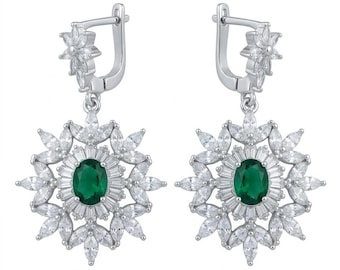 Colombian Emerald Earrings Sterling Silver Handcrafted Oval Gemstone Statement Jewelry Green