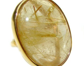 Anillo de cuarzo rutilado dorado, talla 7.5, hecho a mano en oro de 14 quilates sobre plata de ley 925. Joyería llamativa de gran tamaño.