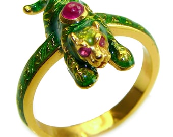 Green Panther Ruby Enamel 18K Gold 925 Sterling Silver Ring size 8.25 Unique Handmade