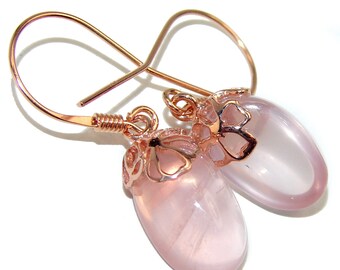Vintage Style Authentic Rose Quartz 18K Rose Gold over .925 Sterling Silver handcrafted  earrings