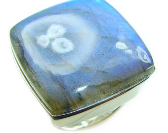 Natural Labradorite Sterling Silver Ring Size 8 Adjustable Statement Handmade Blue Gemstone Jewelry Gift