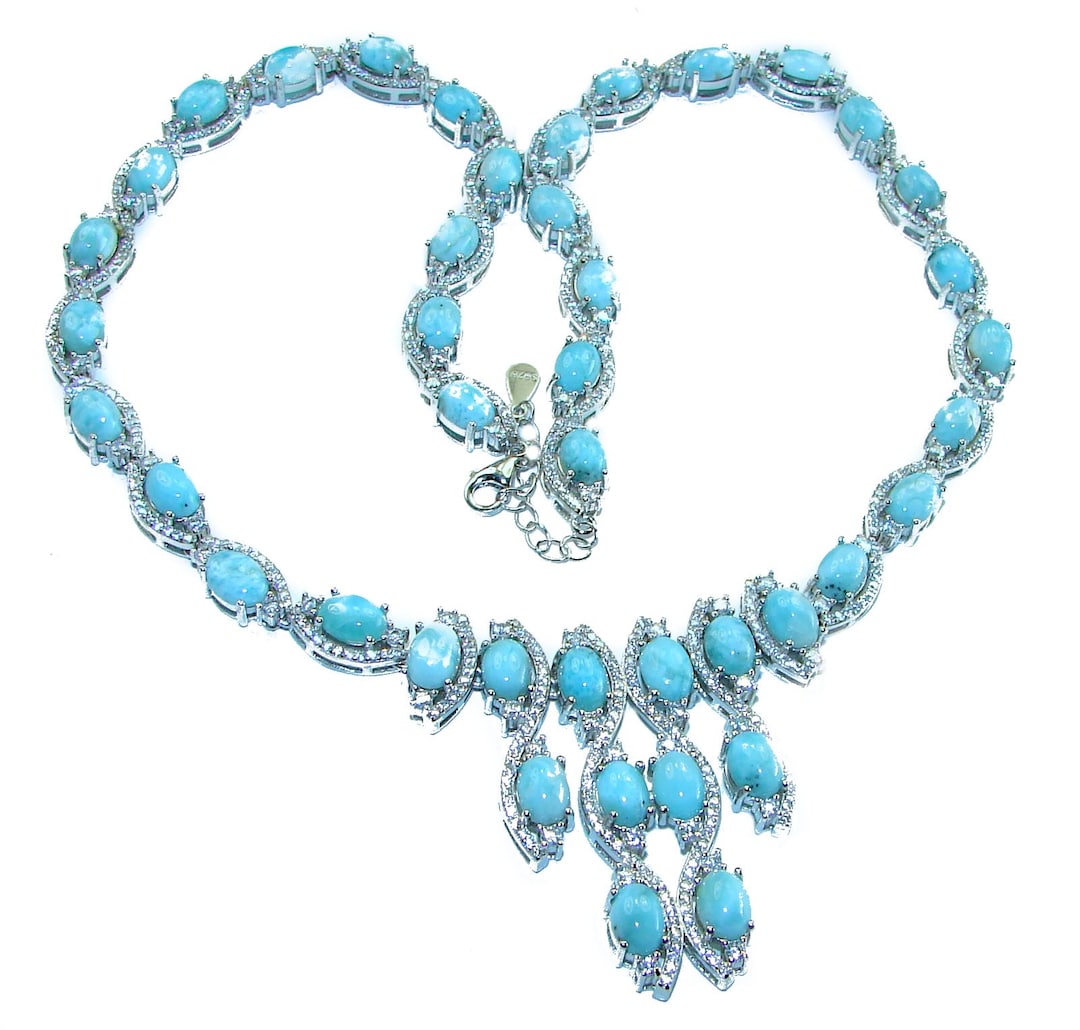 Larimar Necklace 58.5ct Blue Gemstone 925 Sterling Silver Handmade