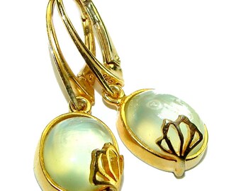 Moss Prehnite Oval Earrings, 14K Gold over Sterling Silver, Handmade Green Gemstone Jewelry