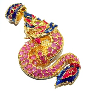 Natural Ruby Emerald Enamel Dragon Pendant 18K Gold Over Sterling Silver Handmade Red Gemstone Jewelry