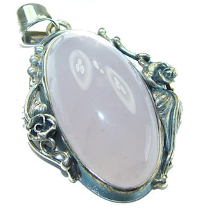 Rose Quartz Pendant Sterling Silver | Large Vintage Handmade Pink Gemstone Necklace Gift for Her 50+