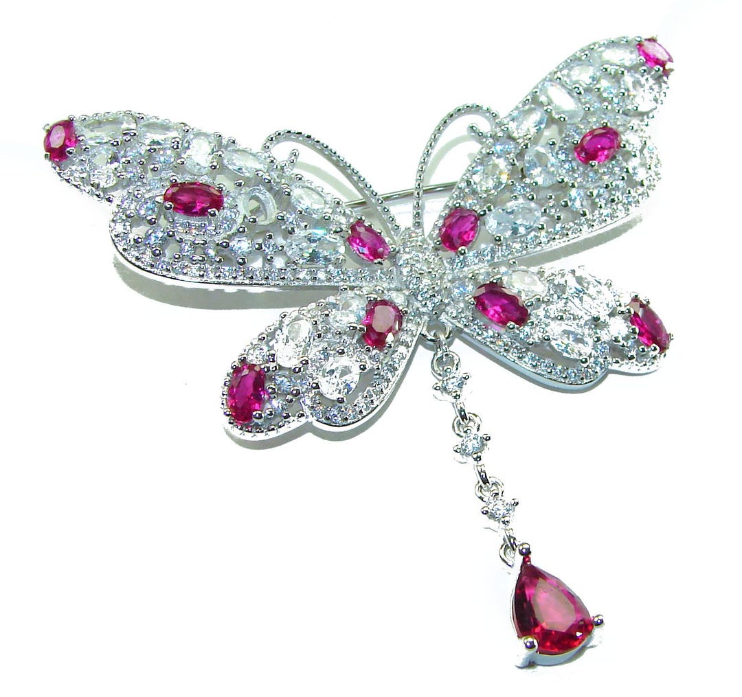 Ruby Stone Brooch Vintage Butterfly Ruby Pendant Brooch 14k White Gold Over 925 Sterling ...