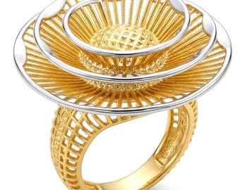 Golden Rose Dubai Style Sterling Silver Ring 22K Gold Handmade Large Size 8 Statement Jewelry Gift