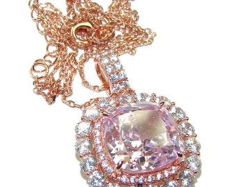 Graceful  Cushion-Cut Pink Sapphire 14K Rose Gold over .925 Sterling Silver handcrafted  necklace