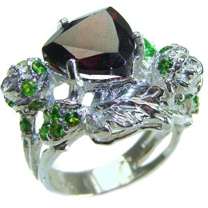 Floral Garnet Ring, 925 Sterling Silver Handmade with Genuine Red Gemstone, size: 9.5, Unique Gift for Her