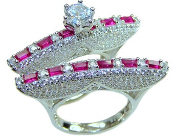 Moissanite Ruby Stackable Ring size: 7 - Large Sterling Silver Handmade Bold Red Statement Gift