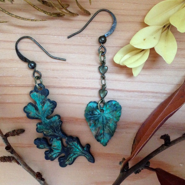 Autumn patina dangle earrings with asymmetrical leaves