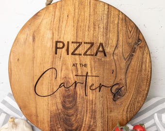 Personalised Acacia Wood Pizza Board, Engraved Round Serving Chopping Board, Custom Kitchen Gift UK