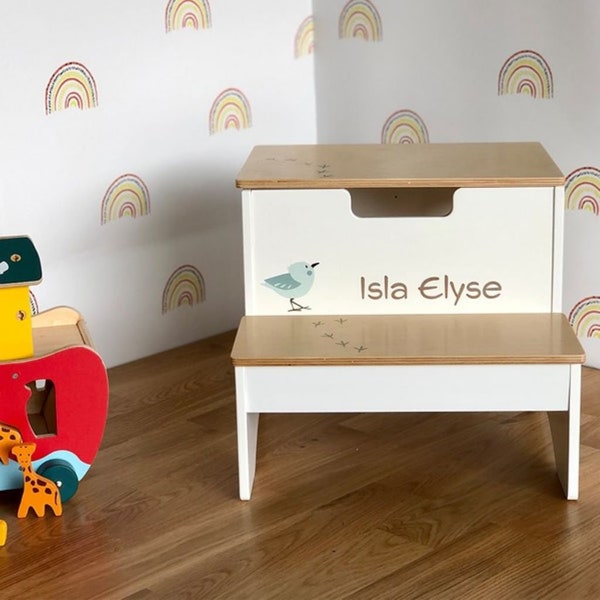 Personalised Children's Wooden Steps - Stepping Stool and Seat - Playroom Toy Box - Kids Personalized Gifts - Kitchen Steps - Toddler Decor