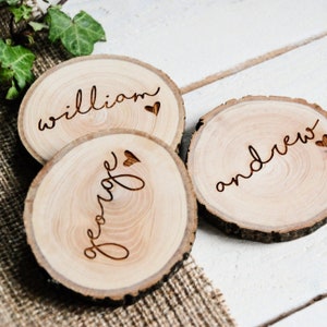 Rustic Wooden Wedding Favours - Engraved Wood Slice Name Place Setting - Personalised Round Woodland Table Decoration - Dinner Party