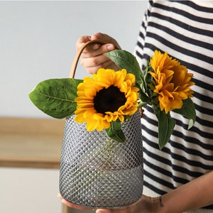 Textured Diamond Patterned Vase Glass with Leather Handle - Wedding Gift - For the Home - Christmas Decor - Hurricane Lantern - Candle