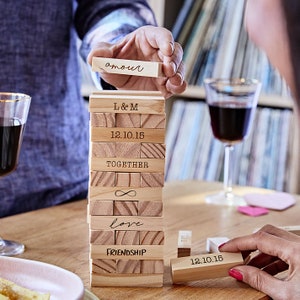Jeu personnalisé de tour d’empilage de jouets en bois pour couple - Mariage - Fiançailles - Anniversaire - Saint-Valentin - Écologique - Jenga - Livre d’or