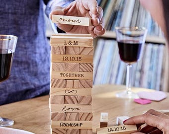 Personalised Couple Wooden Toy Stacking Tower Game - Wedding - Engagement - Anniversary - Valentines - Eco-Friendly - Guest Book