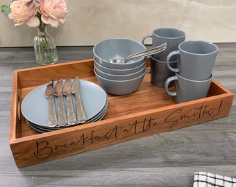 Personalised Acacia Wood Breakfast in Bed Tray -  Wedding Gift - 5th Anniversary - Afternoon Tea - Rustic - Serving Tray - New Home