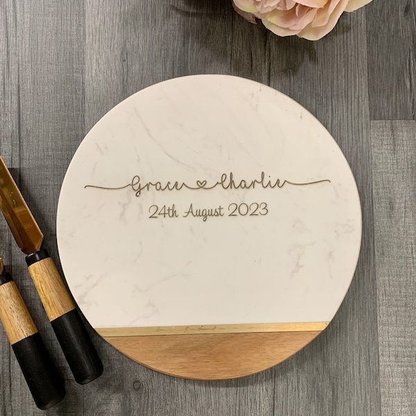 Personalised Marble and Acacia Wood Round Serving Board - Wedding Gift - Gifts for Couples -  Anniversary Gift - Cutting Board