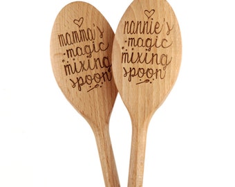 May include: Two wooden spoons with the text "mamma's magic mixing spoon" and "nannie's magic mixing spoon" engraved on them.