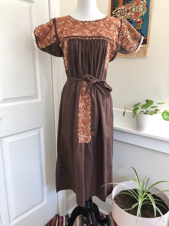 Vintage 1970s Embroidered Floral Folk Dress in Bro