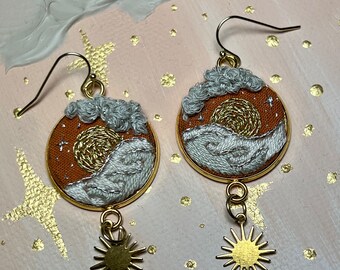 Ocean at Sunset - Hand Embroidered Earrings