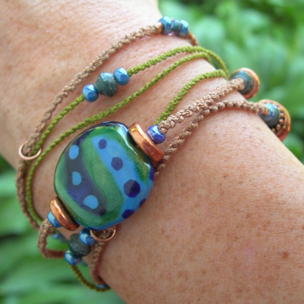 Kazuri Beaded Multi Strand Macrame Necklace or Wrap Bracelet Blue Green Kazuri with Copper Beads