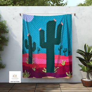 MOTIF C2C | Jeté Hot Boho Nights | Motif graphique | Cactus au crochet | Instructions écrites | Nuancier de blocs de couleur | Téléchargement PDF | Scène du désert
