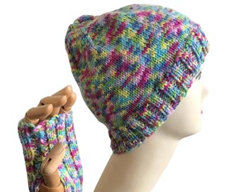 Conjunto de gorro de punto arcoíris y guantes sin dedos, acrílico vegano.
