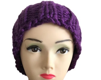 Warm chunky knit acrylic beanie, vegan large weave hat, royal purple hippy festival hat, slouchy style.