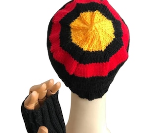 Indigenous Aboriginal beanie and gloves set in red, yellow and black, symbolic beanie and mittens, Australian unisex clothing.