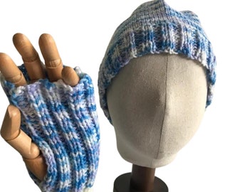 Handmade Blue Slouchy Beanie and Fingerless Mitten Set, Vegan Acrylic Wool