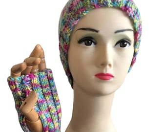 Conjunto de gorro de punto arcoíris y guantes sin dedos, acrílico vegano.
