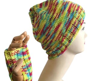 Conjunto de gorro y guantes sin dedos de punto arcoíris, estilo bohemio vegano