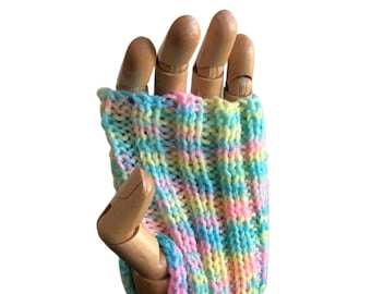 Rainbow gloves, multicolored boho fingerless mittens, knitted acrylic for typing, pride handwarmers.