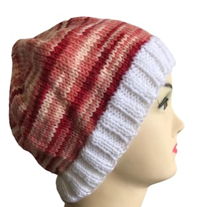 Red women&#39;s beanie slouchy with white trim, thin apricot pink adult hat, knitted acrylic cap.