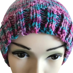 Rainbow purple beanie, multicolored knitted hat, slouchy colorful thin knit vegan clothing.