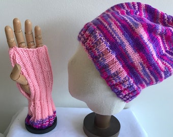 Pink purple knitted beanie and gloves set, rainbow boho hat and handwarmers, cap and mittens.