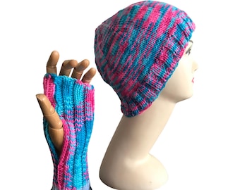 Beanie and gloves, pink and blue striped knitted hat and matching mittens, slouchy knitted winter cap, womens hippie warm clothes