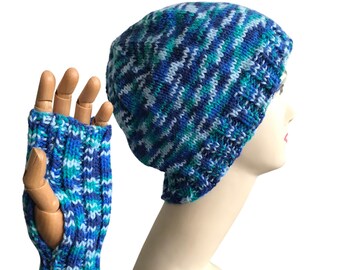 Blue and green woollen hat and glove set, fingerless mittens and beanie, vegan handwarmers and cap, slouchy thin knitted warm winter womens