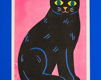 Black Cat Risograph Print