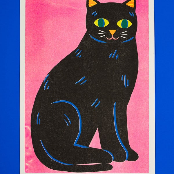 Black Cat Risograph Print