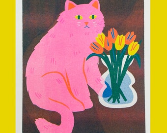 Katze mit Vase Riso Print