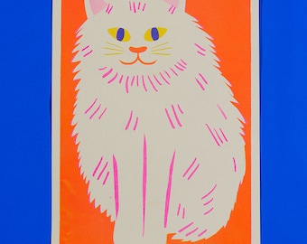 White Cat Risograph Print