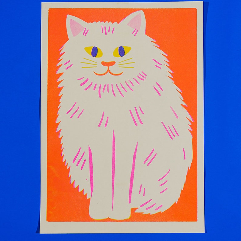 White Cat Risograph Print image 1